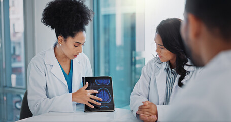 Healthcare, surgeon on tablet and doctor with group in discussion, people and report about medical results in clinic. Neurologist, hospital and medical worker, consultation for brain and MRI scan
