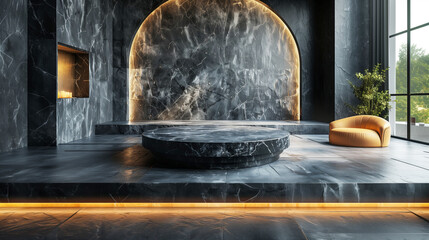 Luxury room with high dark marble walls, a soft leather sofa and a marble pedestal in the center with orange lighting. Copy space.
