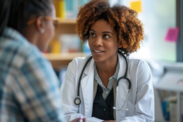 Female doctor consulting with a patient in a modern medical office. Healthcare professional providing medical advice and support.
