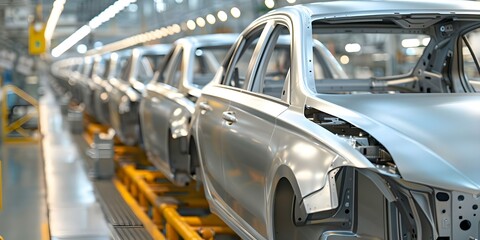 Efficient Assembly Line at a Busy Factory Producing Modern Cars Using Mass Production Techniques. Concept Car Manufacturing, Assembly Line Efficiency, Mass Production Techniques, Factory Operations