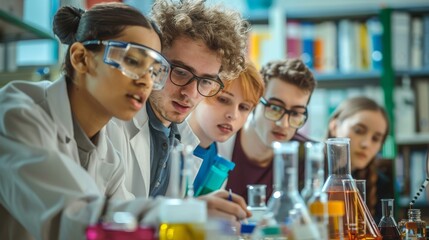 Group of diverse students conducting a science experiment with beakers and test tubes in a laboratory setting, focused on scientific research.