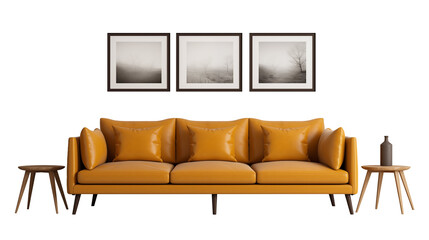 Modern Living Room with Mustard Yellow Sofa, A contemporary living room setup featuring a mustard yellow sofa, complemented by monochrome wall art and minimalist side tables.
