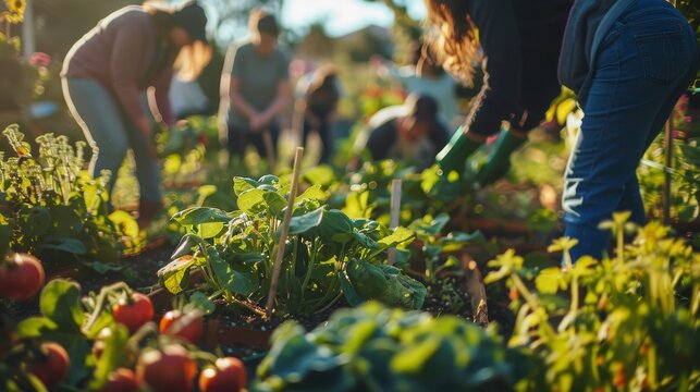 Group Of People Gardening In A Lush Community Garden, Harvesting Fresh Vegetables And Enjoying Nature On A Sunny Day.