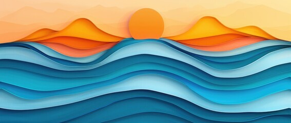 Abstract waves with sunset, colorful layered paper art in the style of paper cutout, wavy lines