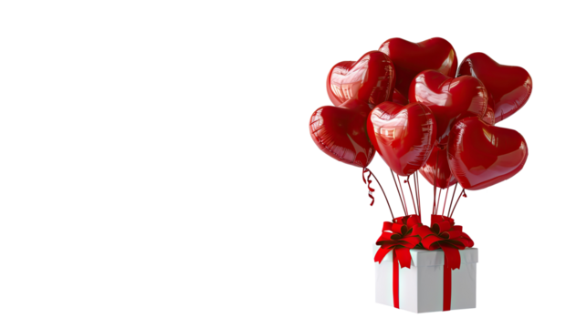 Red Heart Balloons with Gift Box on White, Bunch of glossy red heart-shaped balloons tied to a gift box with a red bow, isolated on a white background for romantic celebrations.
