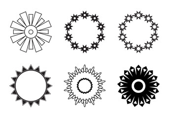 Flower circle template design set of six with stars and triangle in black color vector. Flower icons set isolated on white background. Flower simple icon. Vector illustration. Flower icons set.