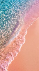 Fototapeta premium Pristine tropical shore with clear lavender waters and soft peach sands, featuring ample area for text, perfect for summer travel ads.