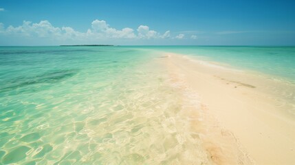 Fototapeta premium Serene summer island with soft beige sand and clear green water, perfect for copy space for text