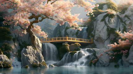 Volumetric Japanese bridge with waterfall and trees