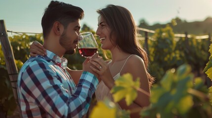 Fototapeta premium couple drinking wine at a vineyard, wine tasting 