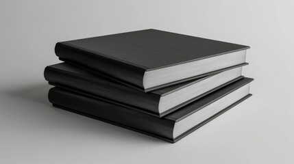 Three black photo albums stacked on a white background