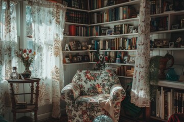 Obraz premium rustic cottage interior and shabby chic style house with armchair and bookshelf, slow living concept