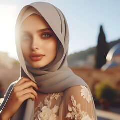 Beautiful young woman wearing a wonderful burqa with hijab on sunny day