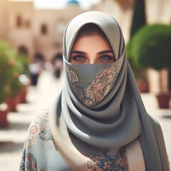 Beautiful young woman wearing a wonderful burqa with hijab on sunny day