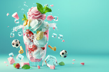 Sweet enjoyment in football. Ice cream, raspberries, football. Summer sports atmosphere