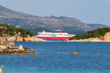 A Cruise liner passing between Ksamili Beach, Southern Albania towards Corfu