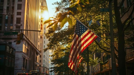 Nostalgic 4th of July Scene with Sunset and Flags