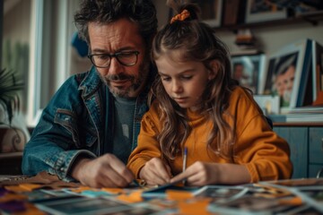 Father And Daughter Making A Scrapbook Together