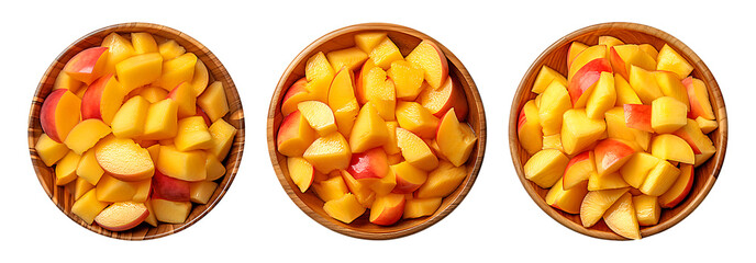Peach slices, three bowls overflowing with juicy, summer fruit.