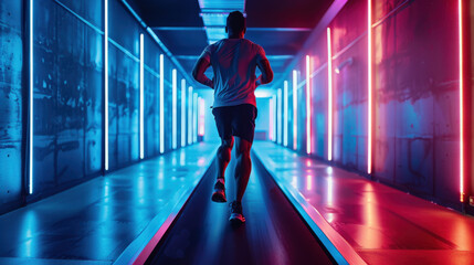 Man running on a treadmill in a neon-lit room with red and blue lights, reflecting a futuristic and energetic workout environment.