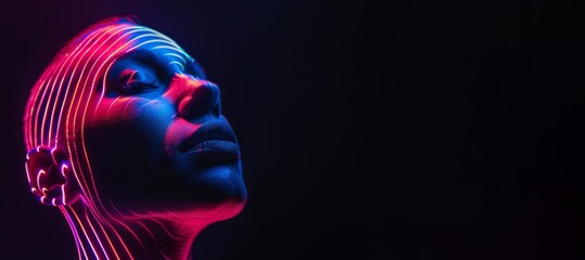 head of the diverse person lit with colorful neon light isolated on black background. Music festival, techno, tech business, electronic music banner copy space right.