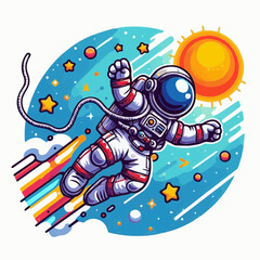 Naklejka premium flying cosmonaut in outer space with the sun and stars