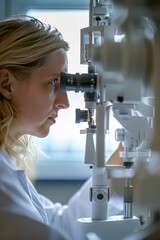 Side view of a woman performing an eye examination using a slit lamp in a clinic, promoting vision care and eye health.