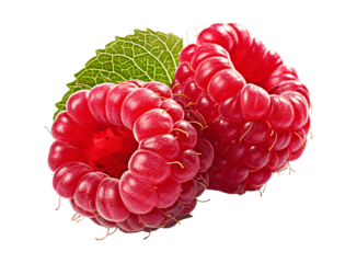 Raspberries, two ripe berries with a single leaf.