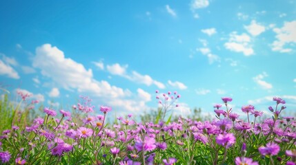 Summer meadow scene with purple asters and a backdrop of clear blue skies, perfect for copy space for text