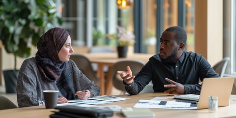 Fototapeta premium Hijabi and African Coworker Having a Discussion in a Modern Scandinavian Office, Highlighting the Importance of Cross-Cultural Collaboration