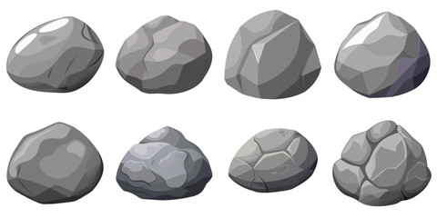 Rock stone set cartoon. Cobble stone game objects. Three dimensional stones and rocks element, isometric 3d flat style. Mountain grey stones. Vector grey rock stone, isolated on white background.  © Ilya