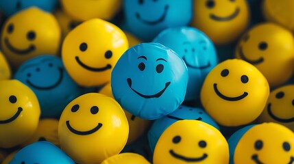 Blue happy face emoji surrounded by yellow happy face emojis