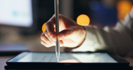 Hand, tablet and writing in office for planning, schedule and application for business in...