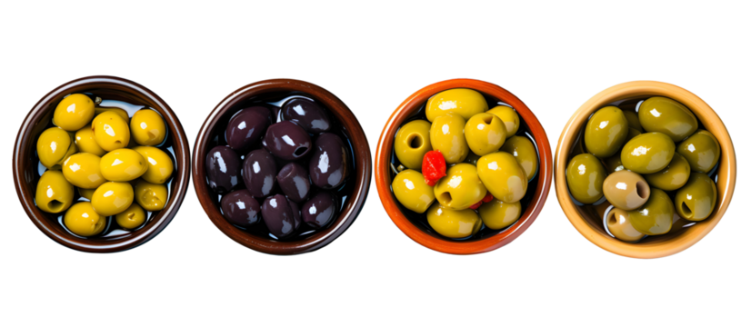 Assorted Marinated Olives in Ceramic Bowls, Four bowls of marinated olives in varying shades and sizes, from vibrant yellow to deep purple, garnished with a red pepper, isolated on white.