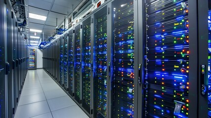 Server room interior.  Modern server and communications.  Data storage.  Rows of telecommunications racks.  Communication node, server.  Database, local network