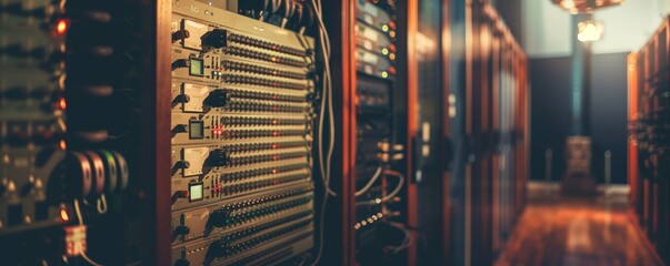 Server room interior.  Modern server and communications.  Data storage.  Rows of telecommunications racks.  Communication node, server.  Database, local network