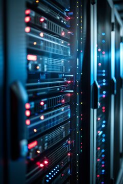 Server room interior.  Modern server and communications.  Data storage.  Rows of telecommunications racks.  Communication node, server.  Database, local network