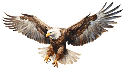 Fototapeta premium Majestic Bald Eagle in Flight Isolated on White, A powerful bald eagle soaring with wings fully spread, isolated on a white background, showcasing its impressive wingspan and fierce gaze.