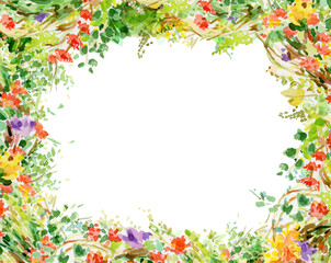 Colorful flowers, foral frame  isolated on white. Floral border. Watercolor illustration.