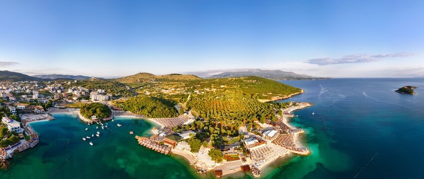 Panoramic aerial view of Ksamili Beach in Southern Albania