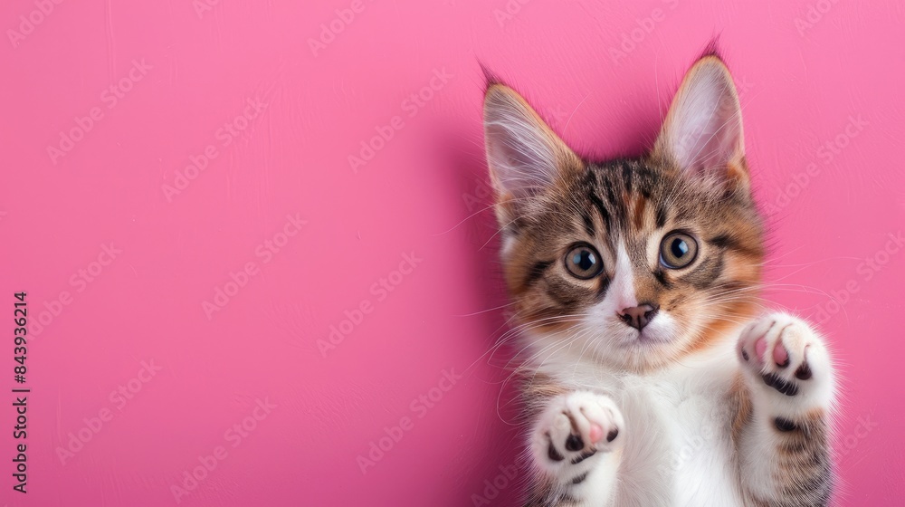 Poster a cat lies on a fuchsia background with its paws up in front of a tricolor dog with space for text