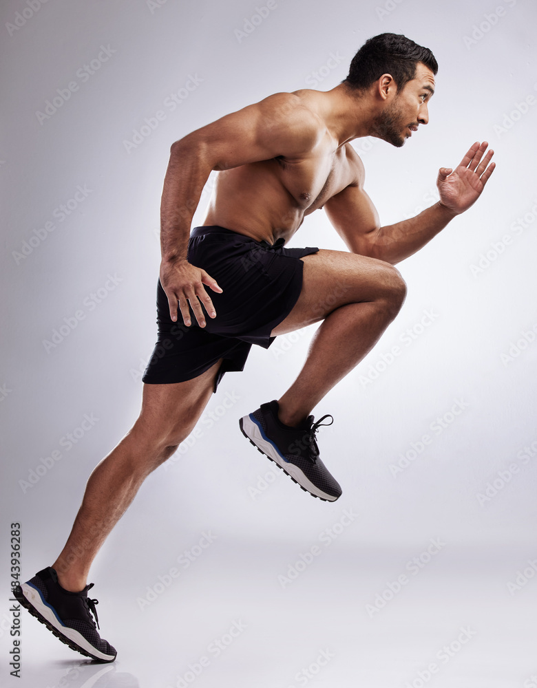 Sticker man, running and body in studio for workout, speed and fitness on white background with exercise. at