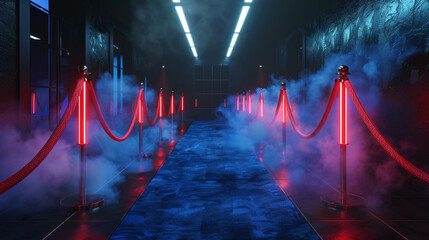 Empty atmospheric event hallway illuminated by neon lights, smoke, and red velvet ropes