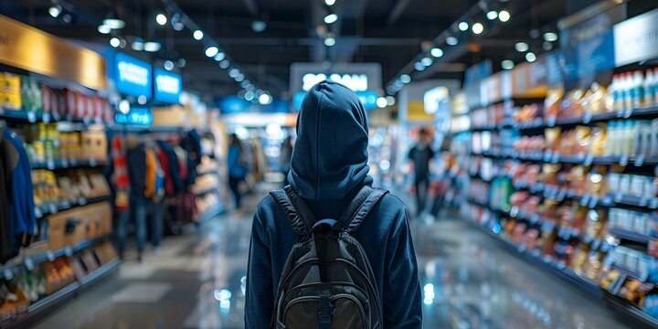 Person in hoodie in store representing retail security and loss prevention measures. Concept Retail Security, Loss Prevention, Store Surveillance, Employee Monitoring