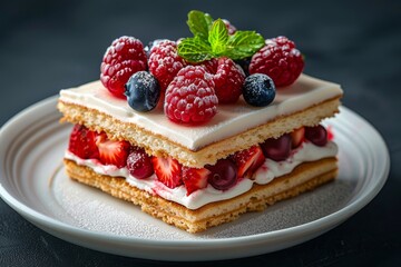 Close Up of a Creamy Raspberry and Blackberry Cake Slice With Powdered Sugar