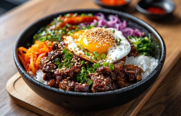 Korean Beef and Rice Bowl With Fried Egg and Sesame Seeds