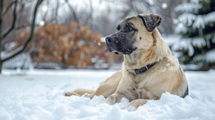 A Kangal dog rests in a snowy yard