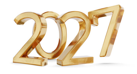 2027 year golden new year 3d-illustration isolated, gold metallic