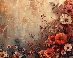 Background with autumn flowers in warm, earthy tones
