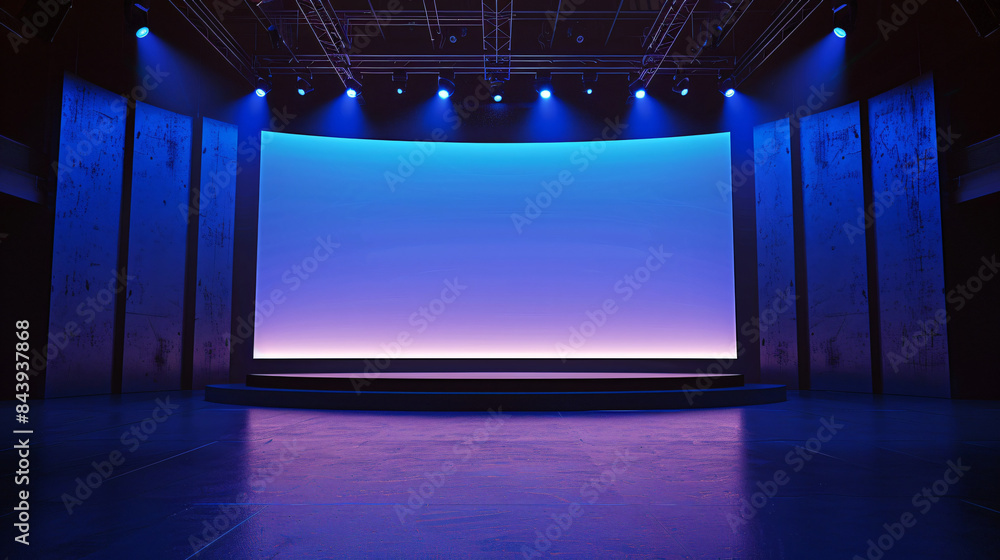 Poster empty stage with a large led screen and blue stage lights in wide-angle view